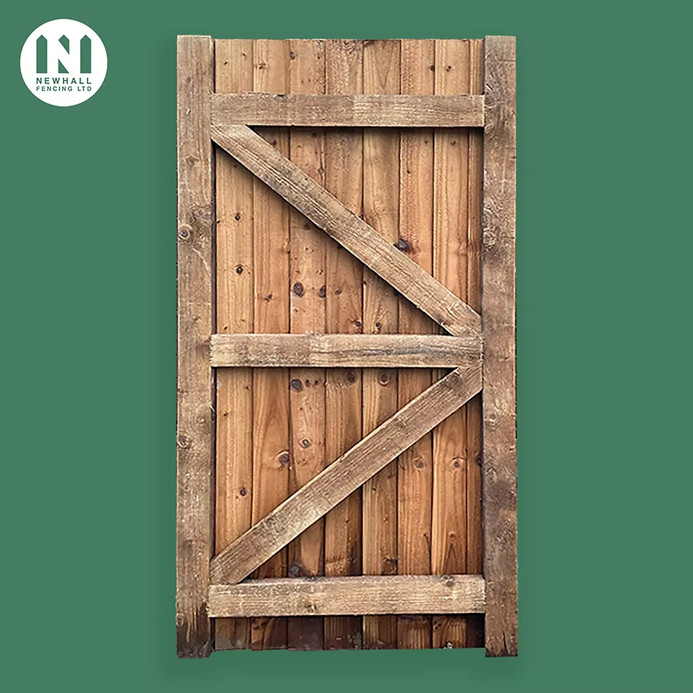 6ft framed feather edge timber gate showing the braced timber frame