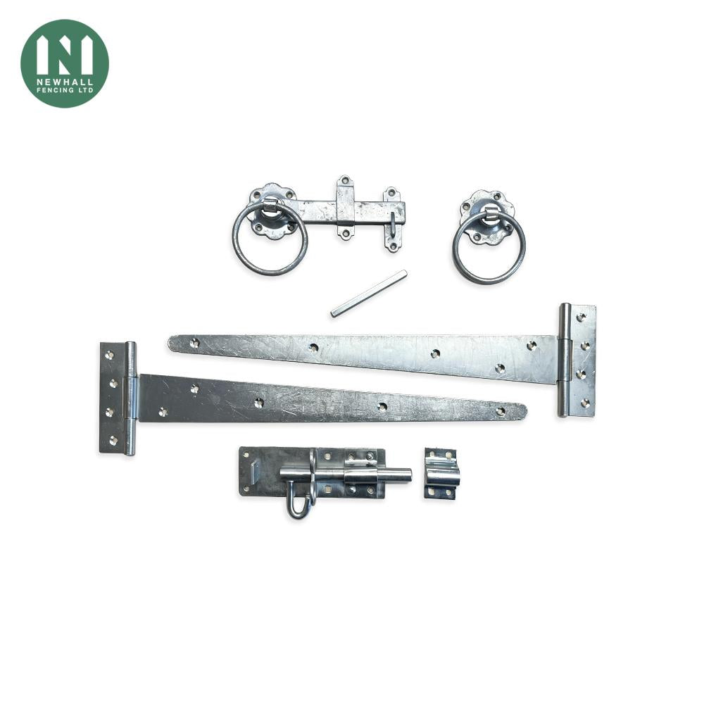 Gate kit with ring latch, 18 inch T hinges and pad bolt