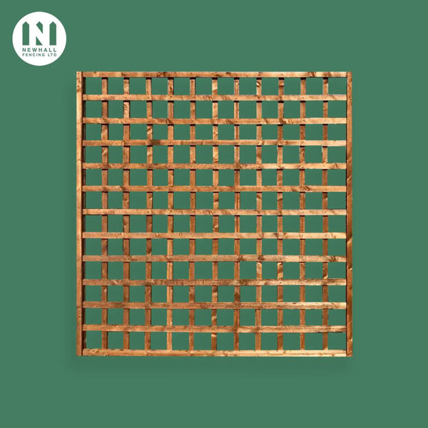Square flat top timber trellis panel on a green background